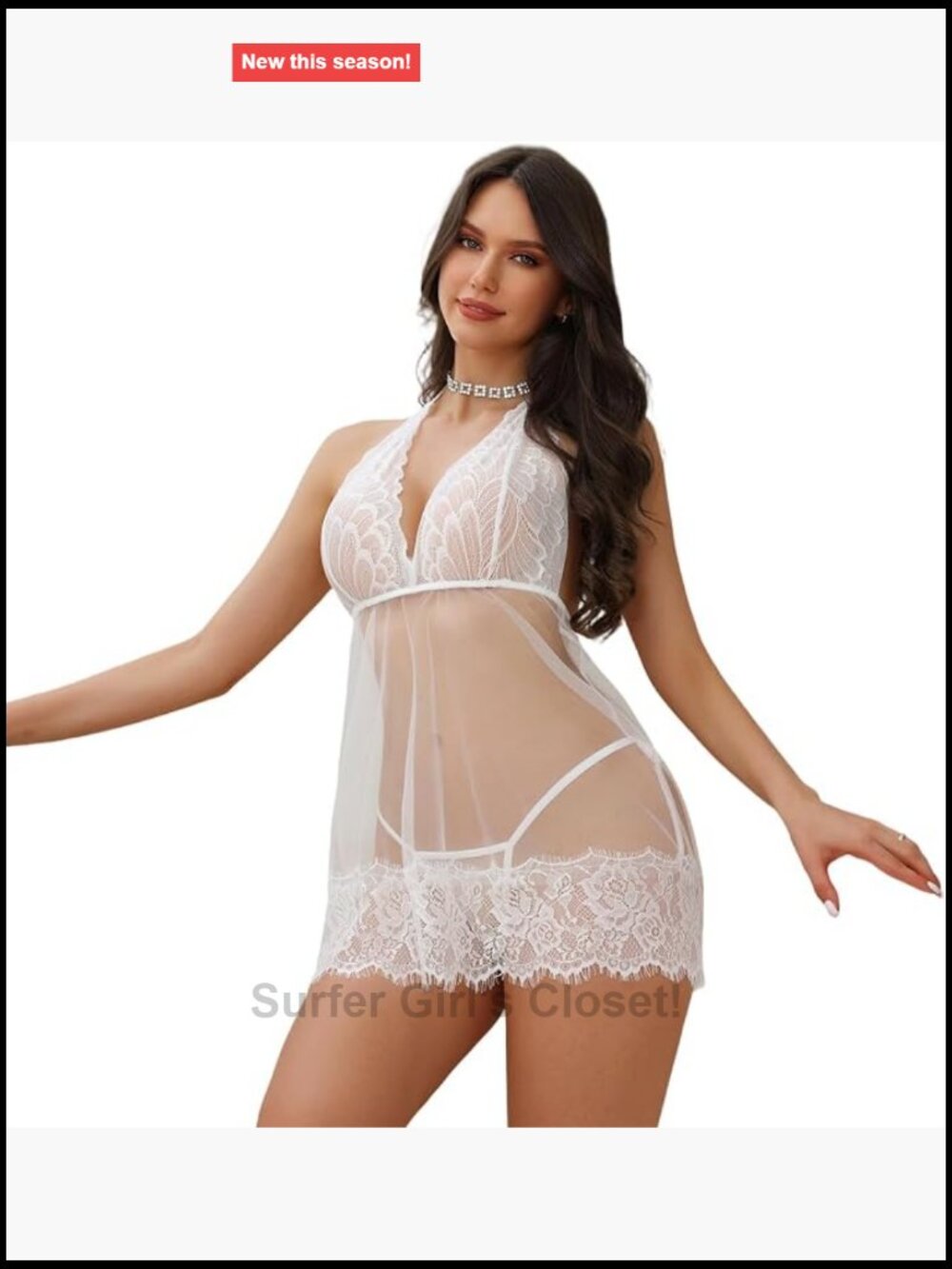 Red Lace Babydoll Lingerie Set with Rhinestone Chain, Sexy